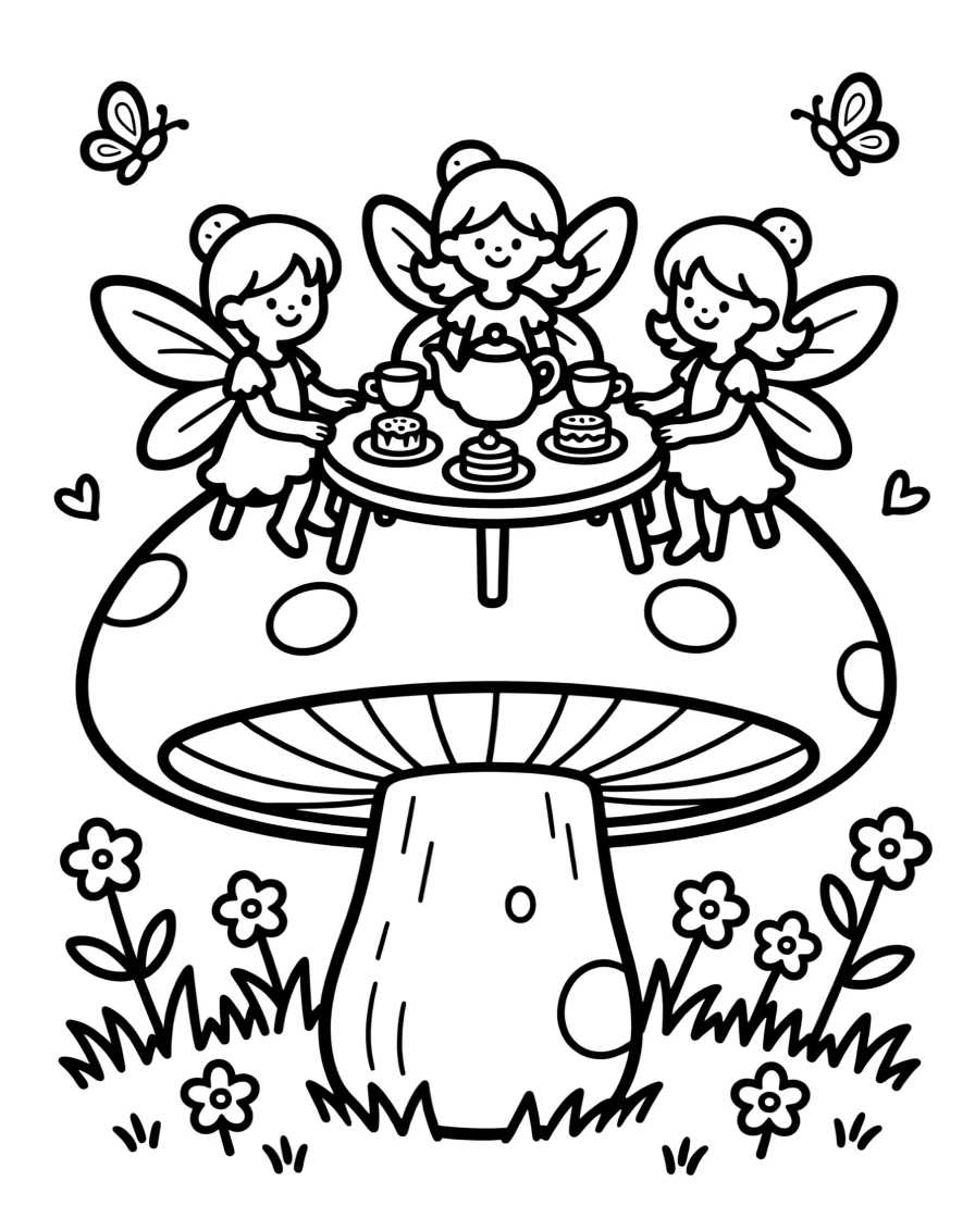 A fairy tea party set up on top of a giant mushroom