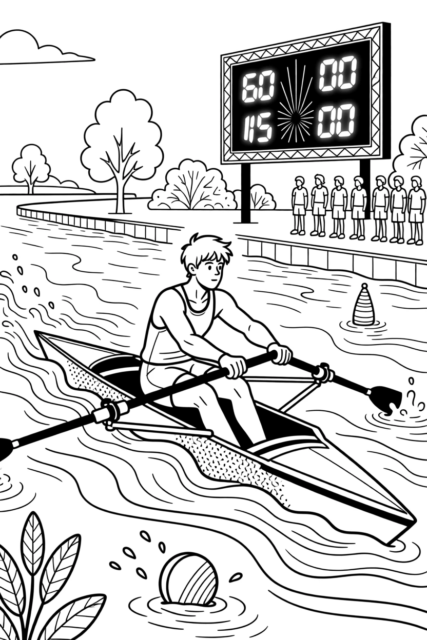 A rower pulling hard against choppy water, with a scoreboard glowing in the distance.
