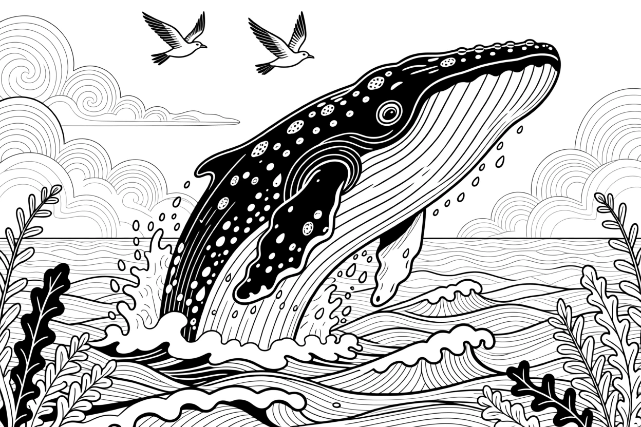 A humpback whale breaching with water cascading off its back.