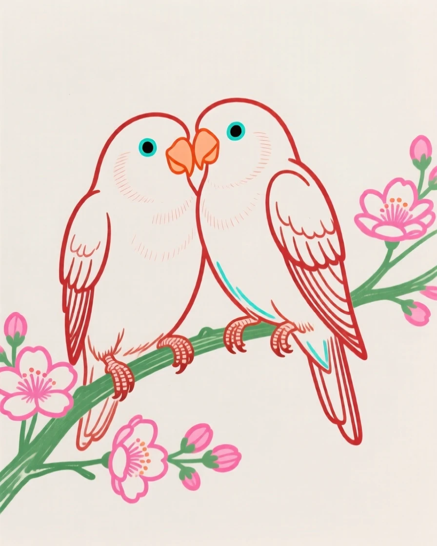 A pair of lovebirds perched together on a flowering branch.
