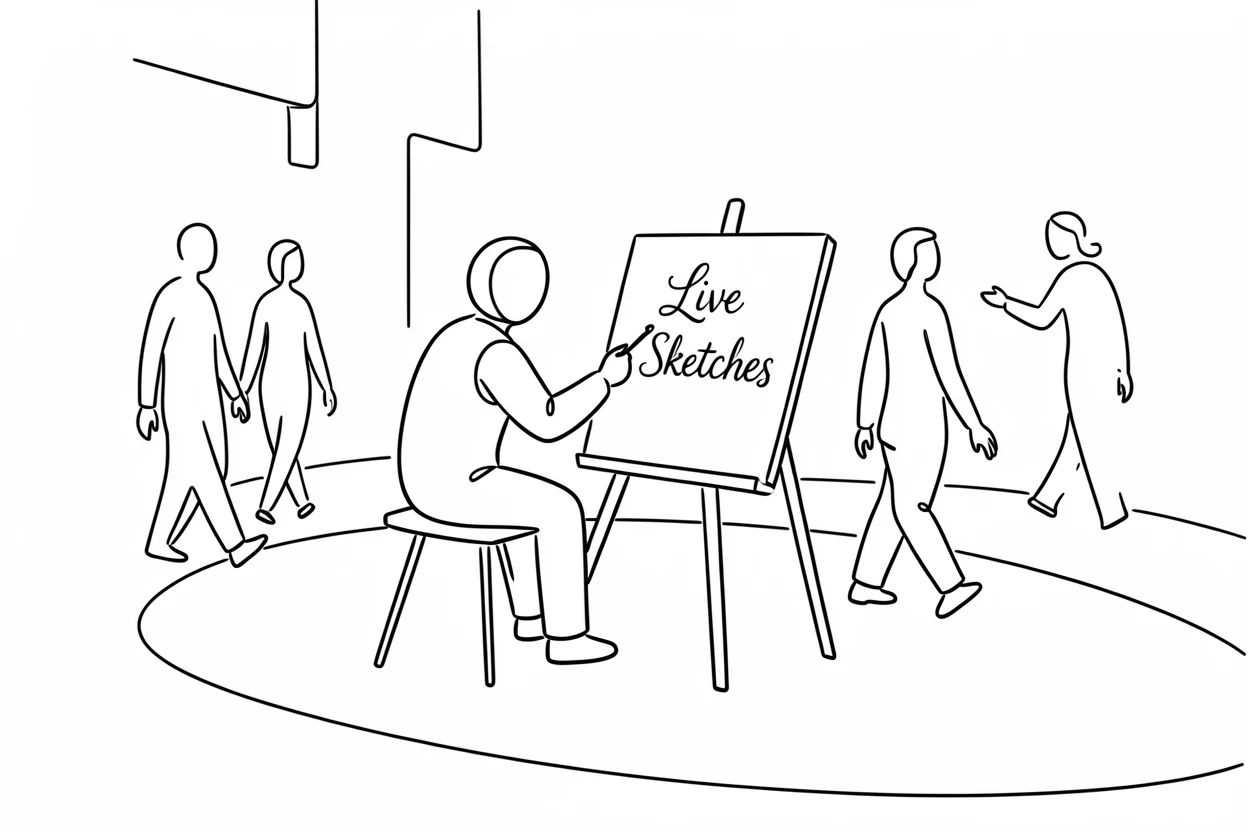 A street artist sketching passersby beside an easel on a plaza