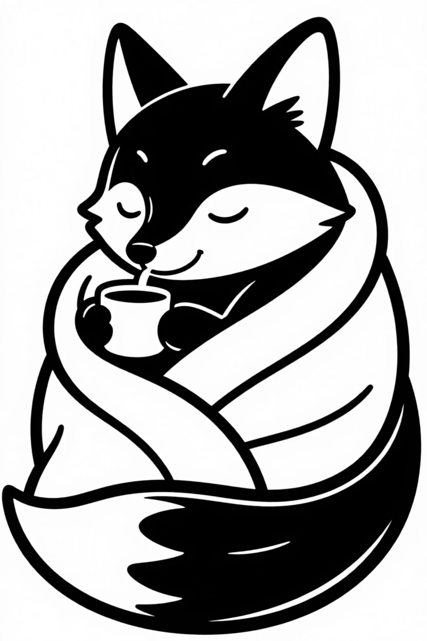 A baby fox character wrapped in a blanket, sipping from a tiny mug.