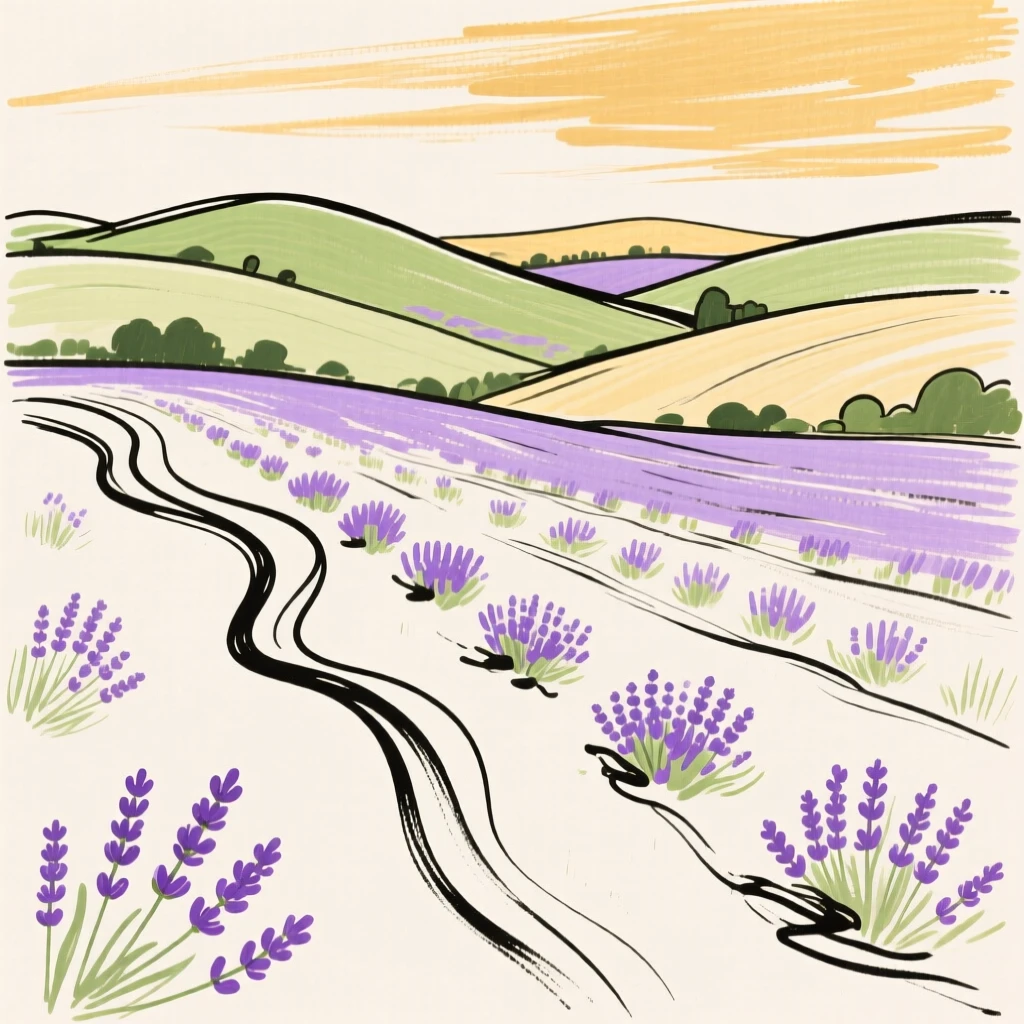 A field of lavender stretching across rolling hills under a golden sky.