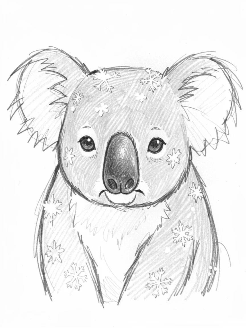 An adorable close-up of a sleepy koala gazing curiously at the camera, with snowflakes settling on its fur.