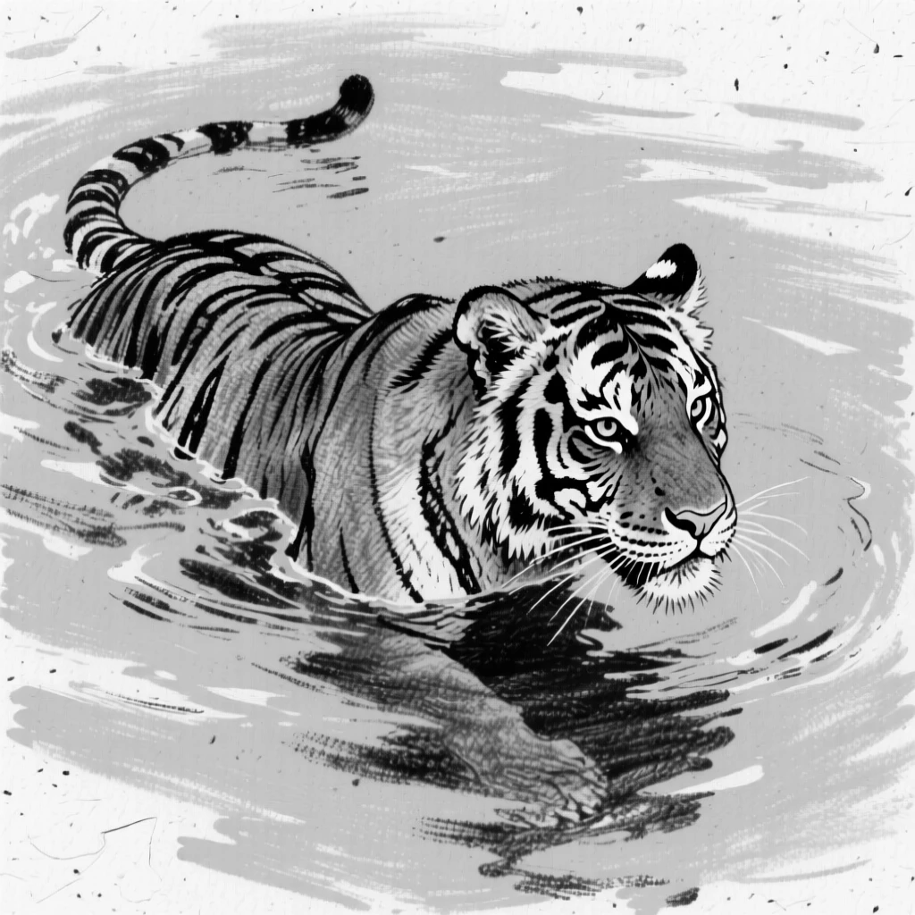 A tiger swimming through calm turquoise waters.