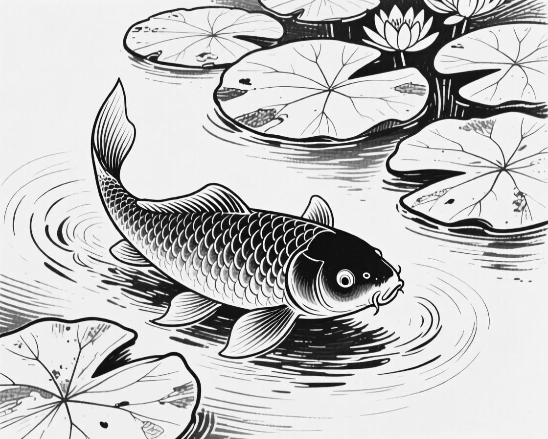 A koi fish swimming gracefully beneath lily pads in a garden pond.
