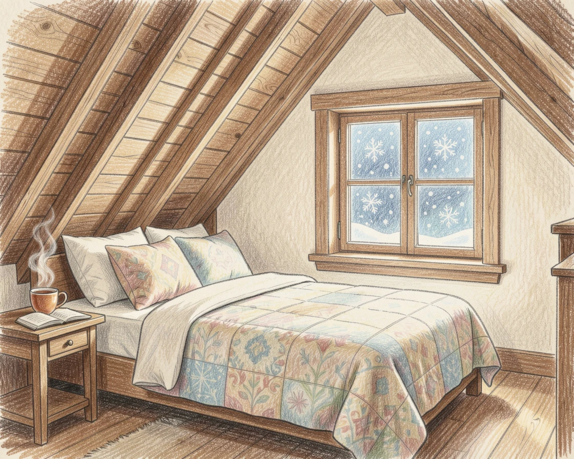 A quaint attic bedroom with a slanted ceiling and a view of falling snow, with delicate details in the woodwork and fabric textures, evoking the feeling of a peaceful slow morning at home.