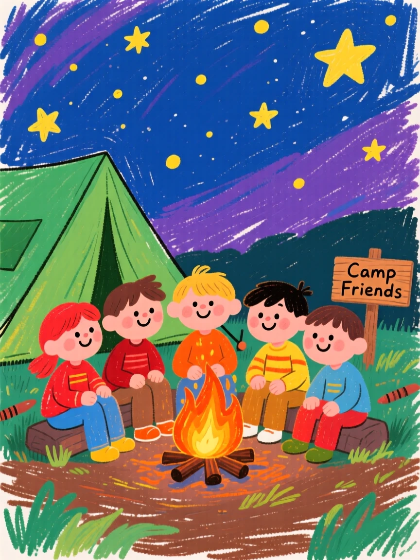 A group of friends camping beneath a starlit sky.