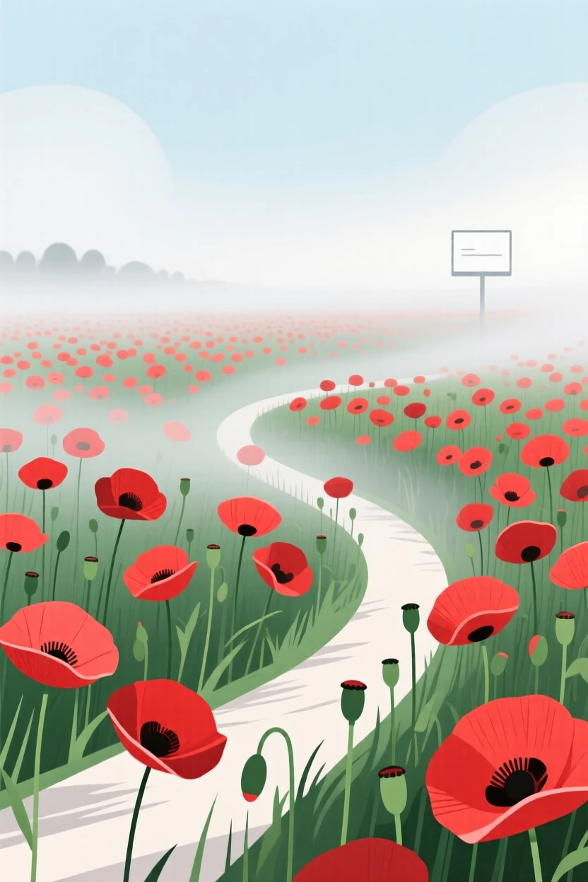 A field of red poppies swaying in a gentle breeze, surrounded by a gentle layer of morning mist, captured with a gentle curve guiding the eye through the scene, with a fresh, crisp clarity that highlights every detail.