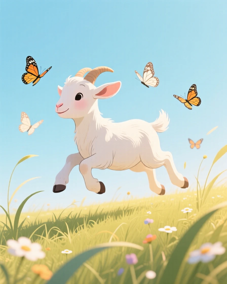 A playful baby goat chasing butterflies in a sunny meadow.