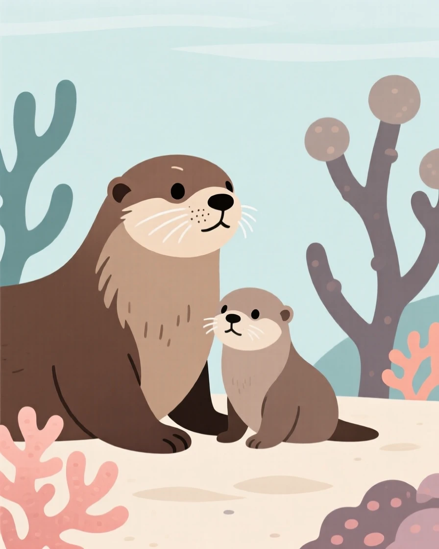 A sea otter and its young watching alertly from a distance together in a coral reef, expressing calm contentment.