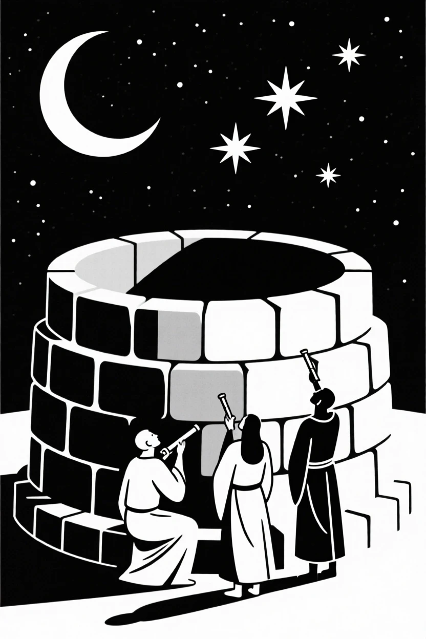 Ancient stargazers observing the sky from a stone observatory.