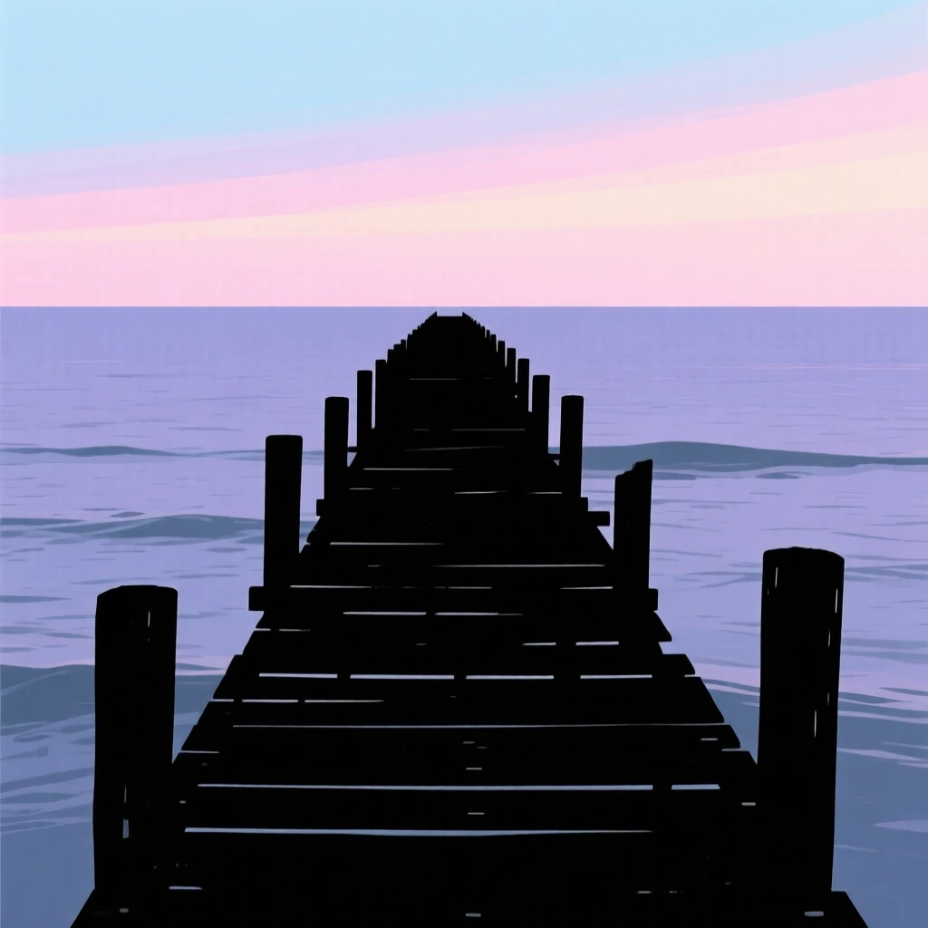 A wooden pier extending far out into a calm ocean under a pastel sky.
