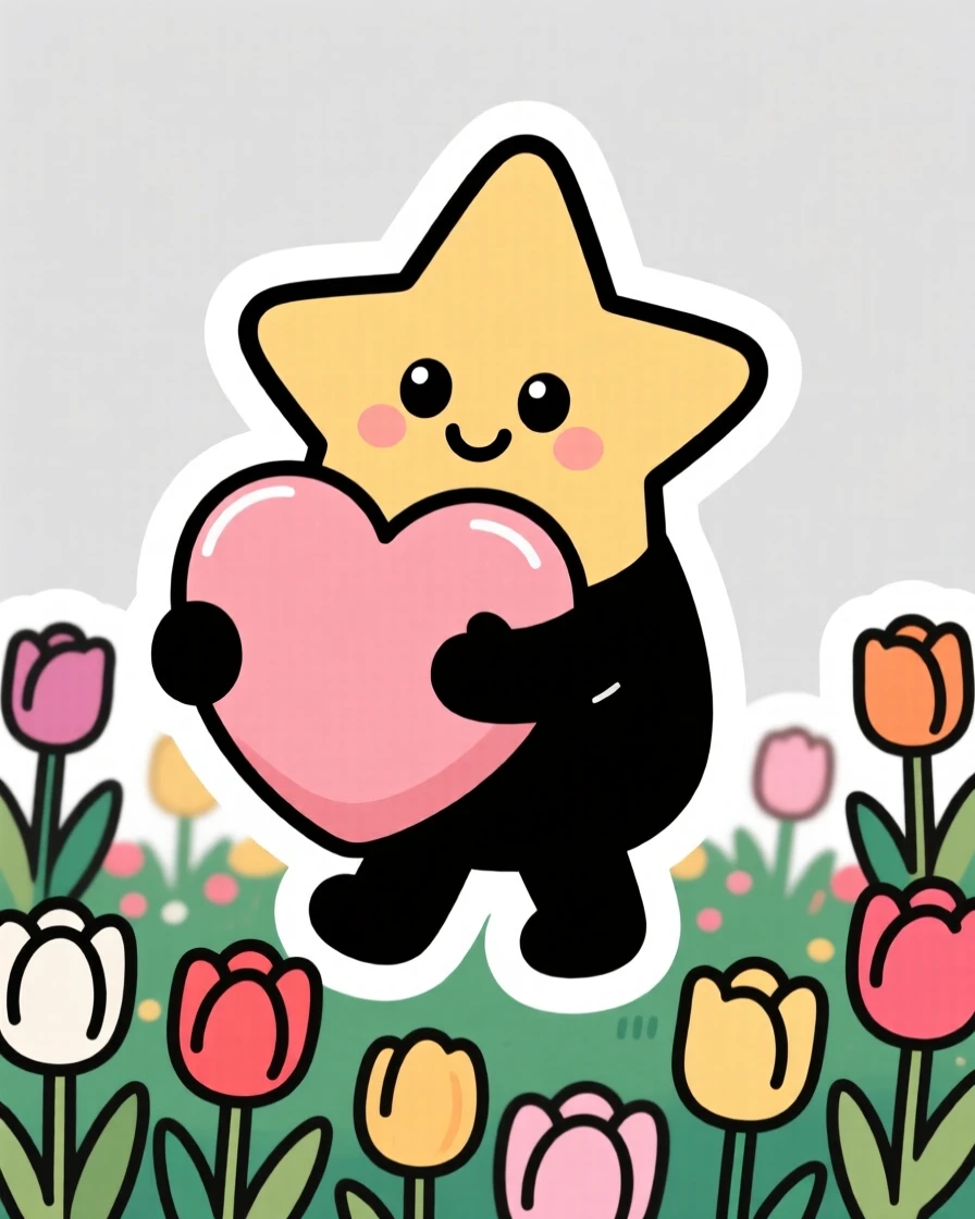 A curious tiny star-shaped creature hugging a giant heart pillow, in a garden full of blooming tulips.