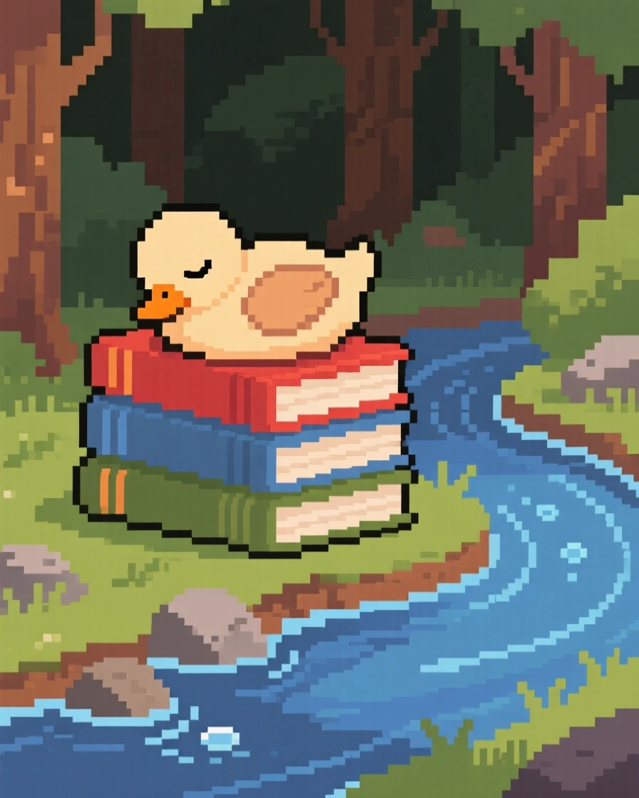 A duckling curled up asleep on a stack of books, beside a bubbling woodland stream.