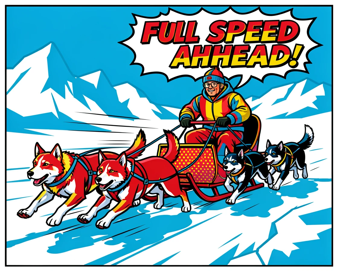A dog sled team racing across an arctic landscape