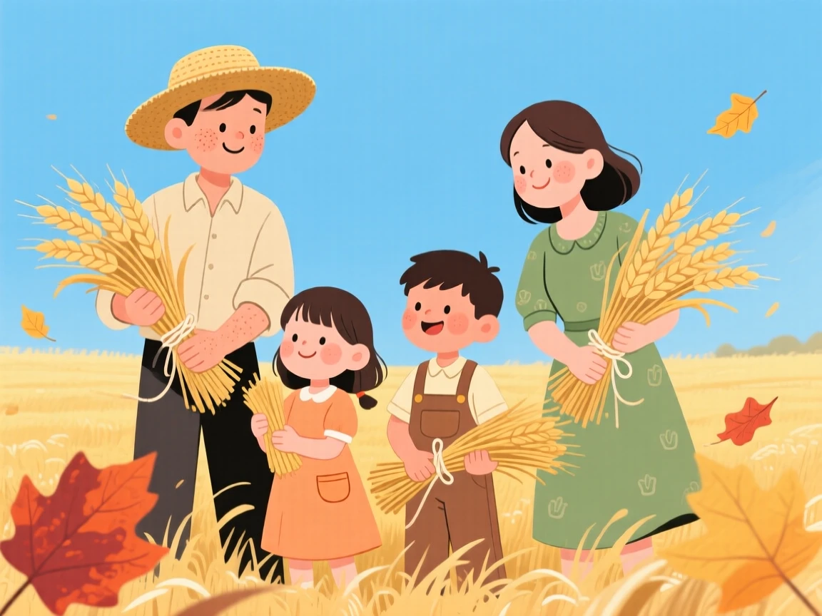 A family gathers bundles of wheat in a golden field as the first falling leaves drift down around them under a crisp blue sky.
