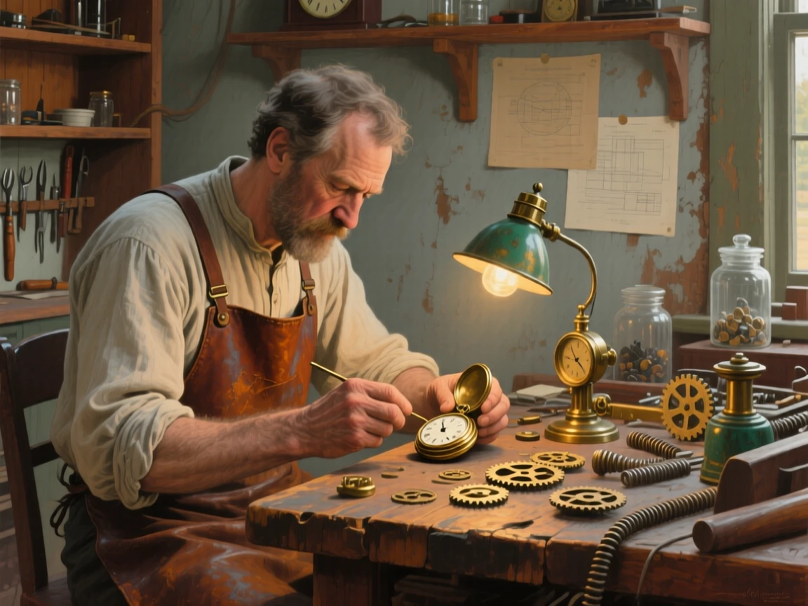 A centered composition of a clockmaker repairing an intricate timepiece under a magnifying lamp, in the American Midwest, in the early 19th century.
