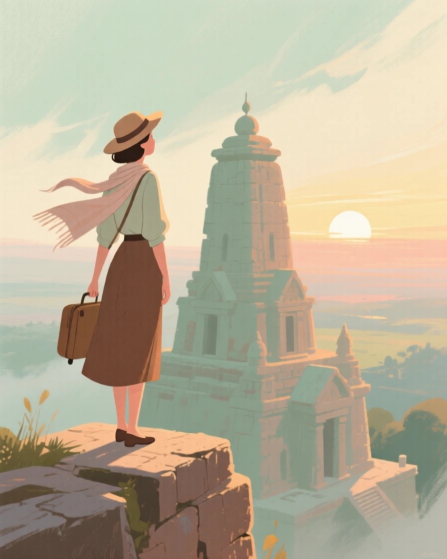 A traveler watching the sunrise from atop an ancient temple