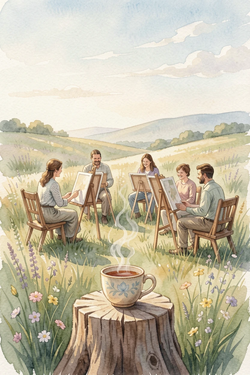 A group of artists with easels set up in a scenic field with a warm cup of tea nearby.