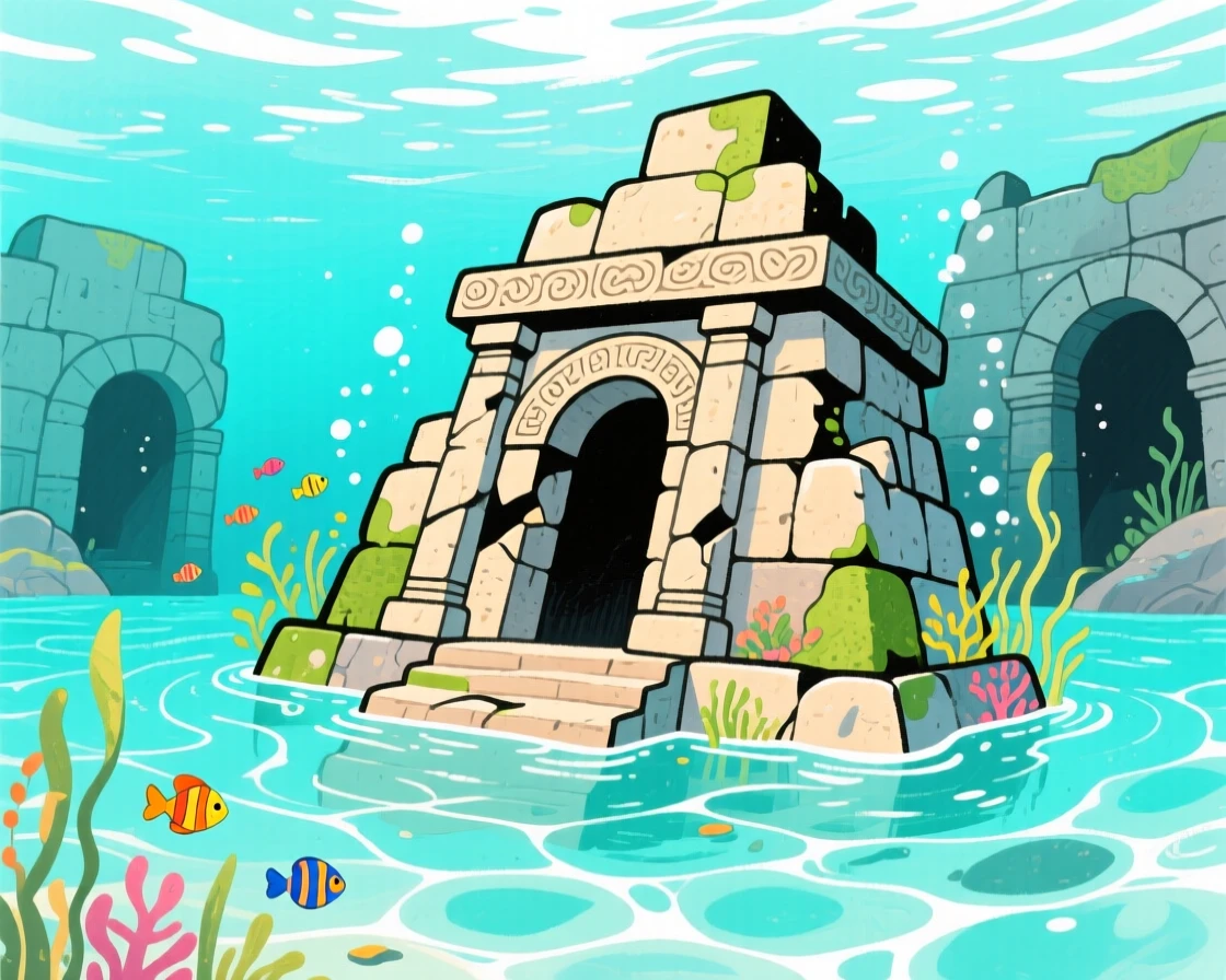 A sunken temple visible beneath clear water, mysterious and inviting.