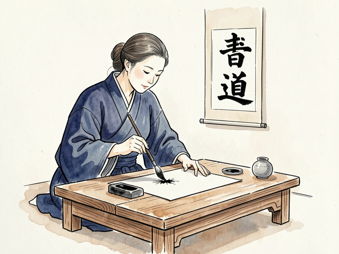 A woman practicing calligraphy at a low wooden table, ink brush poised mid-stroke