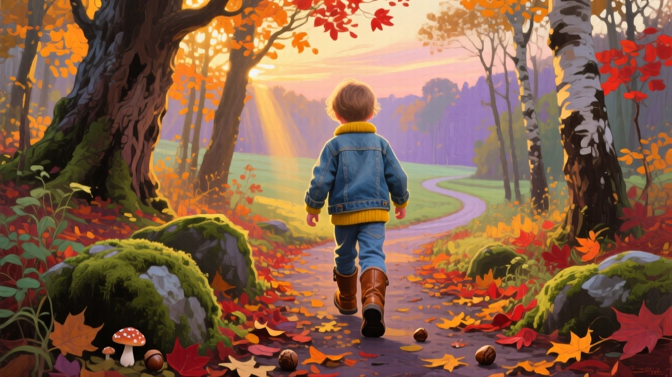 a child in boots following a woodland path, at the end of a warm day, with layered visual detail from foreground to horizon.