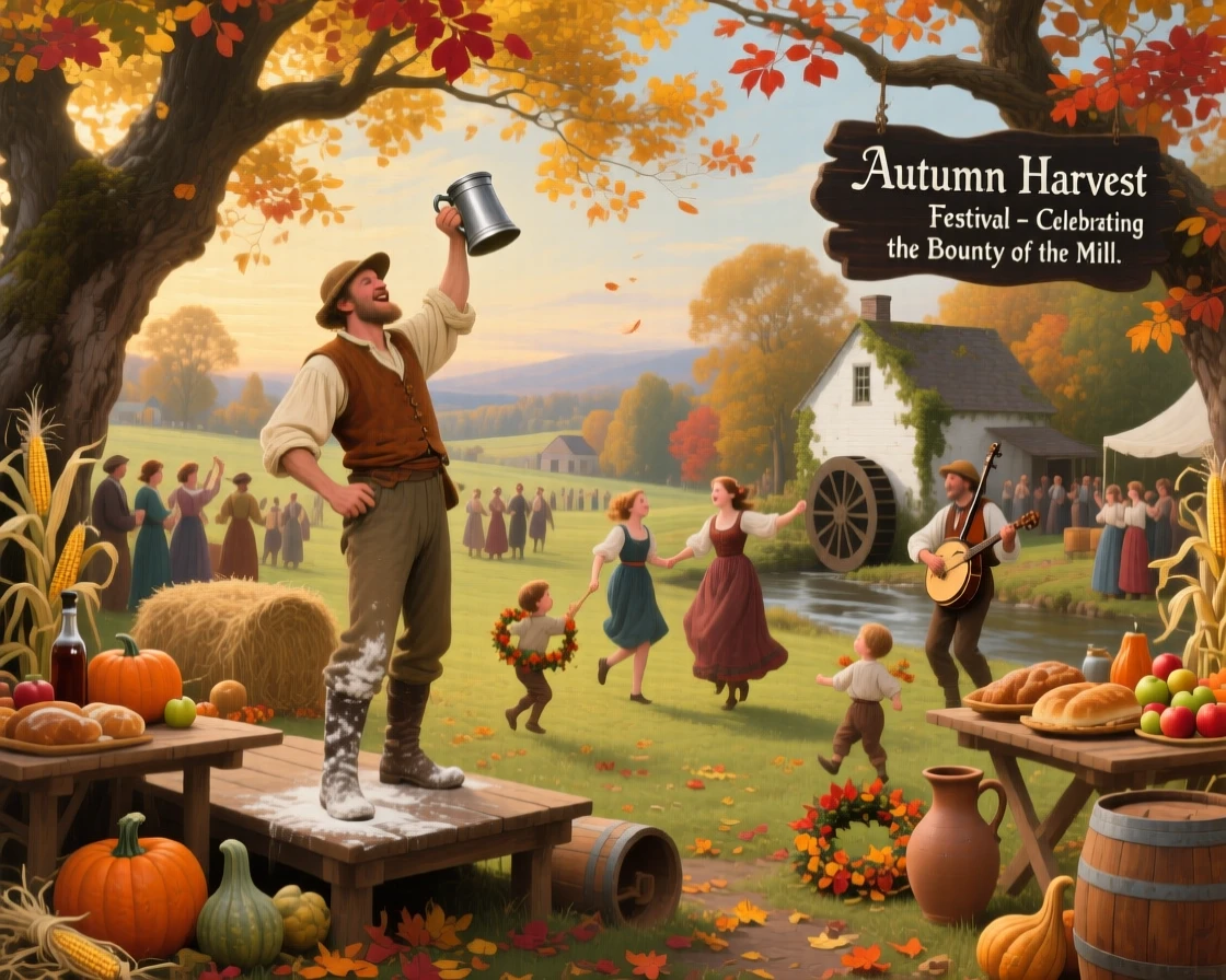 A miller celebrates a festival in a village green shaded by old oaks during a lively autumn festival.