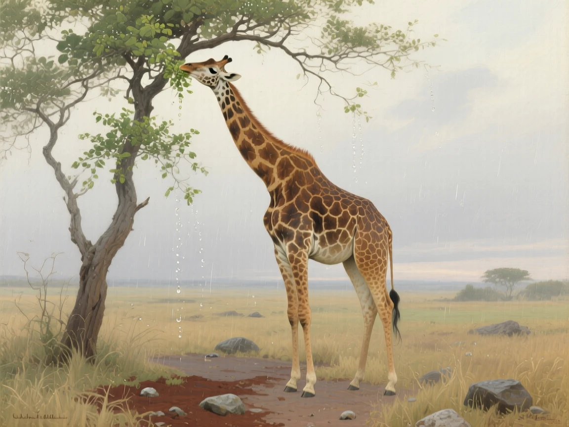 A gentle giraffe reaching to feed from the topmost branches of an acacia tree, with water droplets or mist adding a sense of immediacy, highlighting the quiet majesty found in the natural world