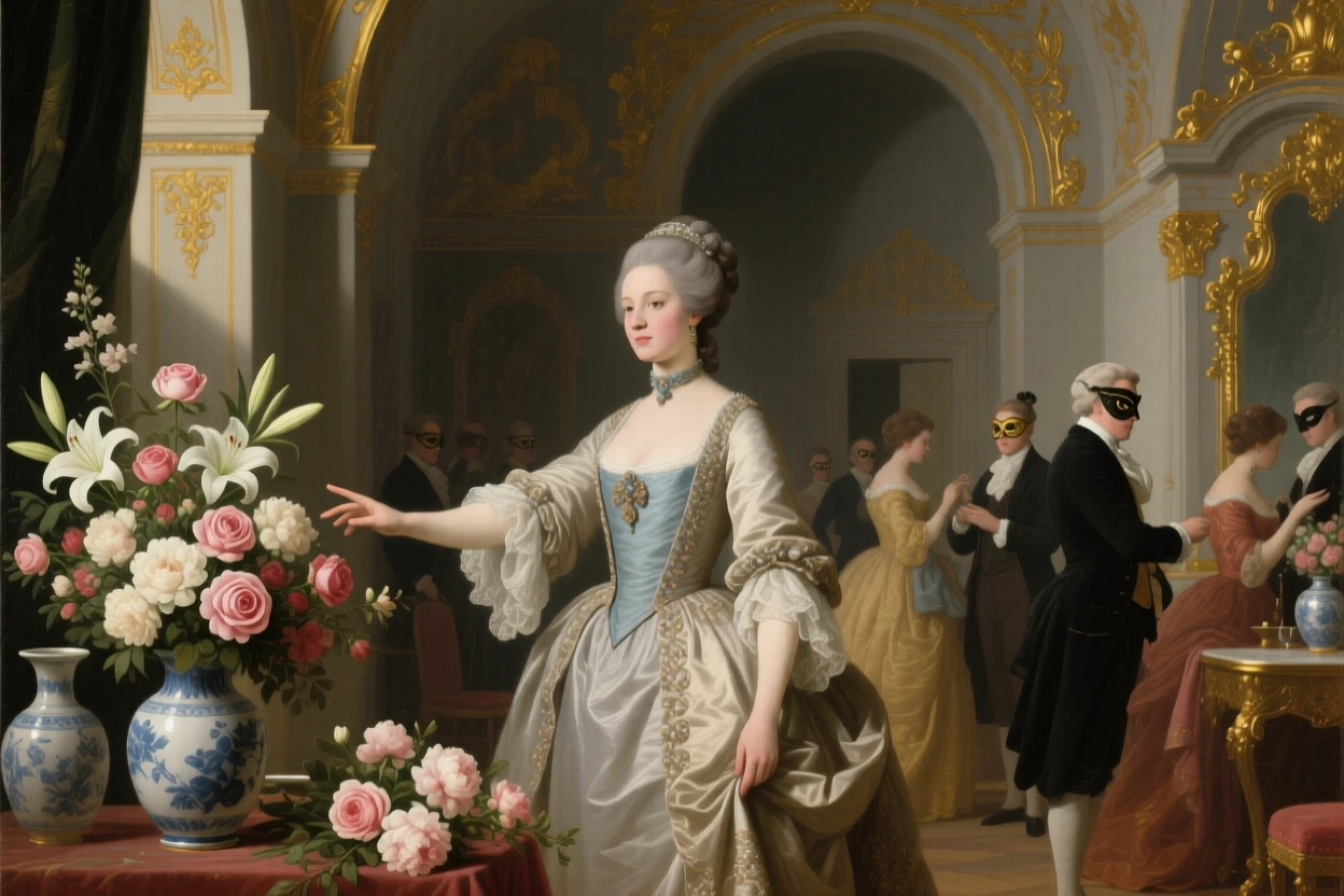 A baroness overseeing preparations for a masked ball in a moment of quiet, practiced grace, set within a private chapel adorned with gold leaf, with fresh flowers arranged in porcelain vases throughout the room; converging sightlines from the guests draw attention to the central gesture, suggesting both splendor and the fleeting nature of such moments.