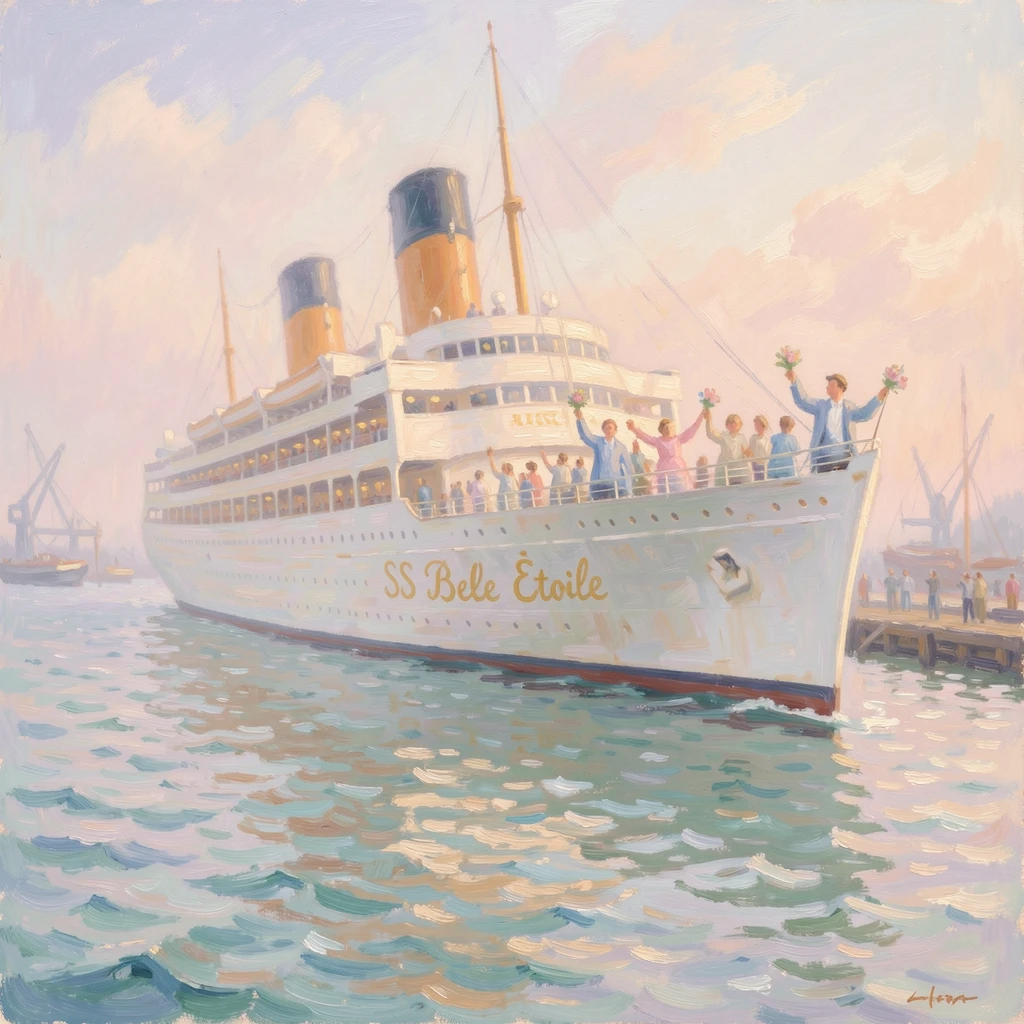 A grand transatlantic ocean liner departing harbor as passengers wave from the deck railings.