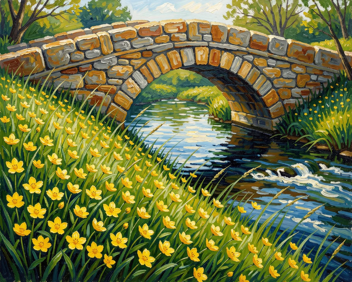 A meadow of buttercups beneath an old stone bridge crossing a gentle stream.