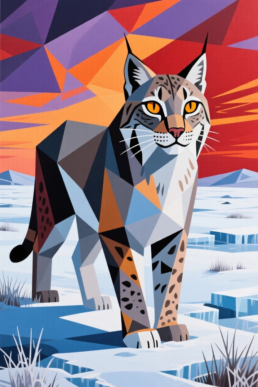A striking view of a lynx standing alert on a frosty tundra plain beneath a dramatic sky.