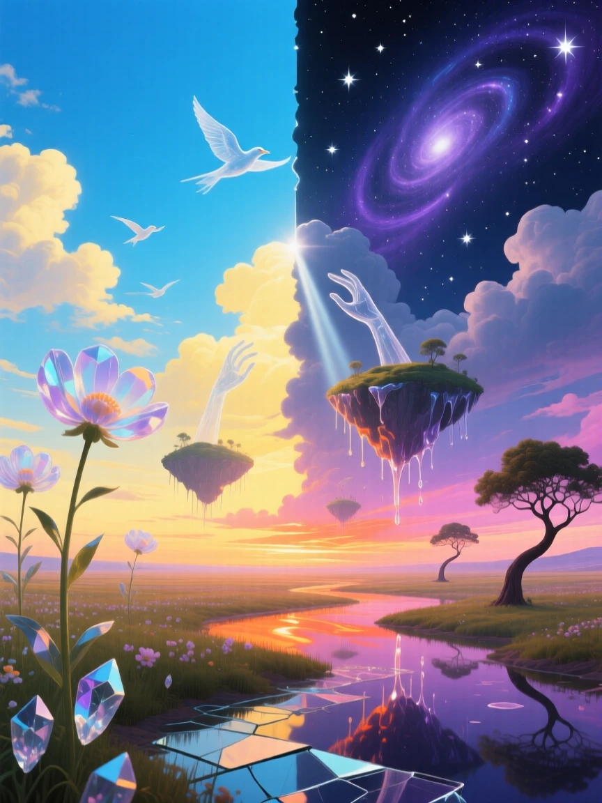 A summer sky split evenly between bright day and starry night moves slowly across a horizon streaked with fading light, as soft light breaks unexpectedly through heavy clouds.