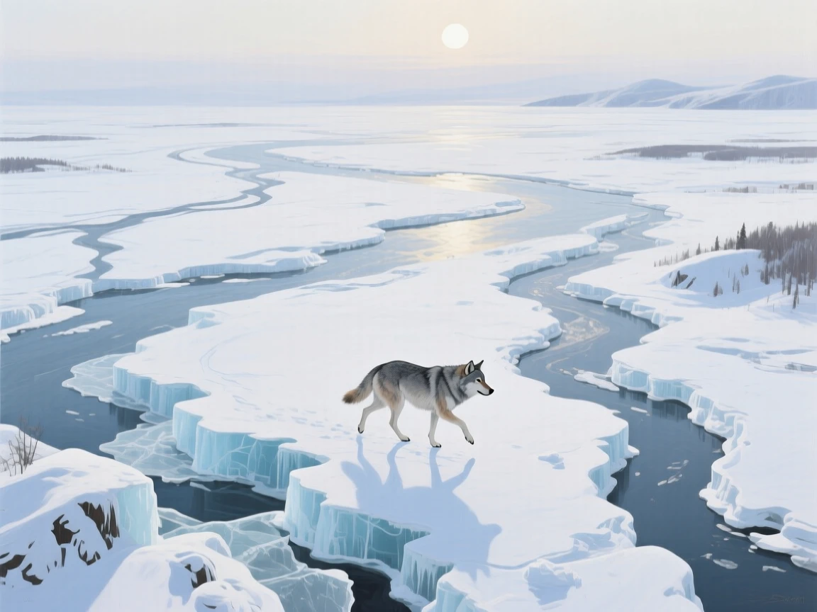 A frozen river delta in Alaska shows braided channels of ice and snow from above, a lone wolf trotting across the white expanse under a pale winter sun, a faint haze softening the far horizon while nearer details remain crisp and vivid.