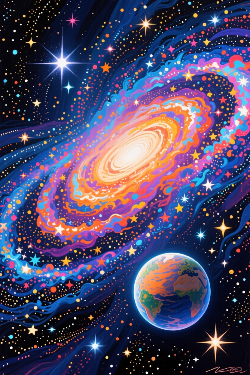 A vast spiral galaxy swirling with billions of stars, a small solitary planet visible in the foreground