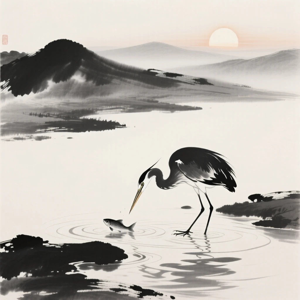 A heron stands poised to strike at fish in a shallow stream, as the sun rises over distant hills.