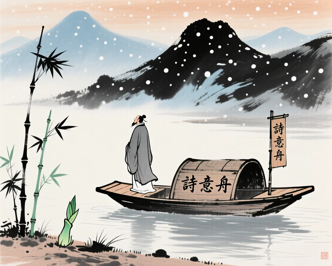 A poet standing at the prow of a small boat gazing at distant peaks, as new bamboo shoots break through the soil, beneath softly falling snow.