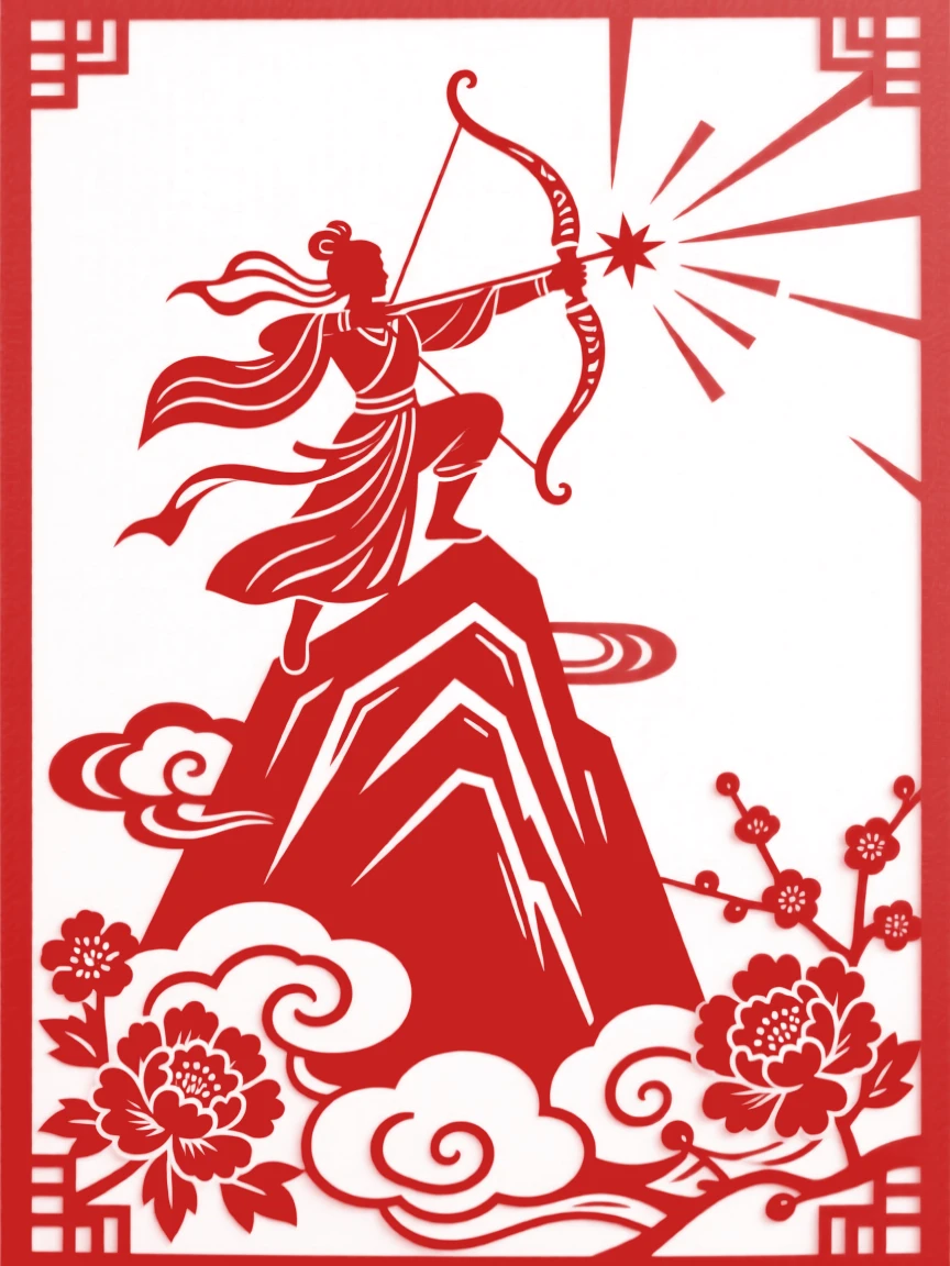 A celestial archer drawing a bow of starlight atop a cloud-wreathed mountain peak
