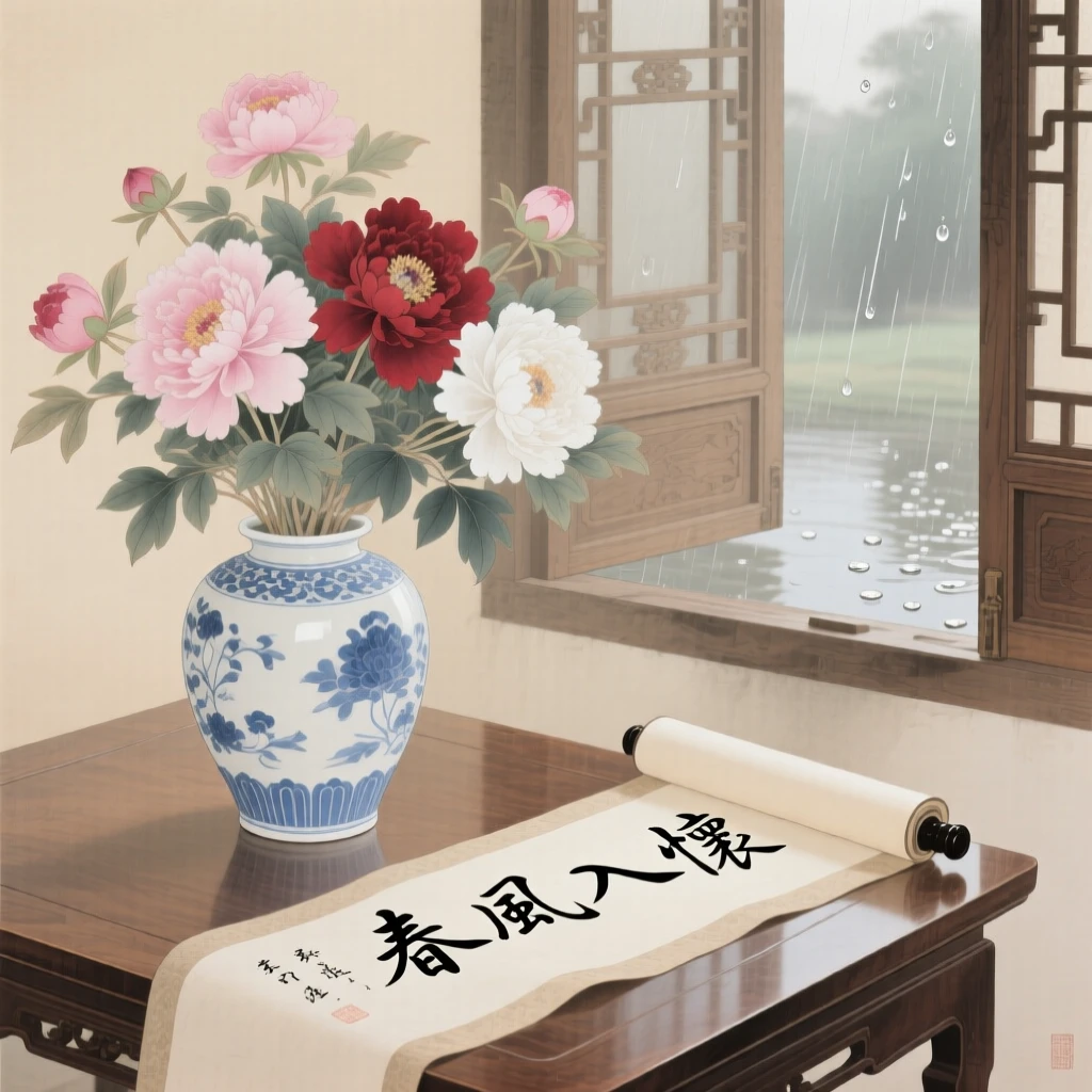 A vase of peonies beside an open scroll beside an open window with rain falling outside