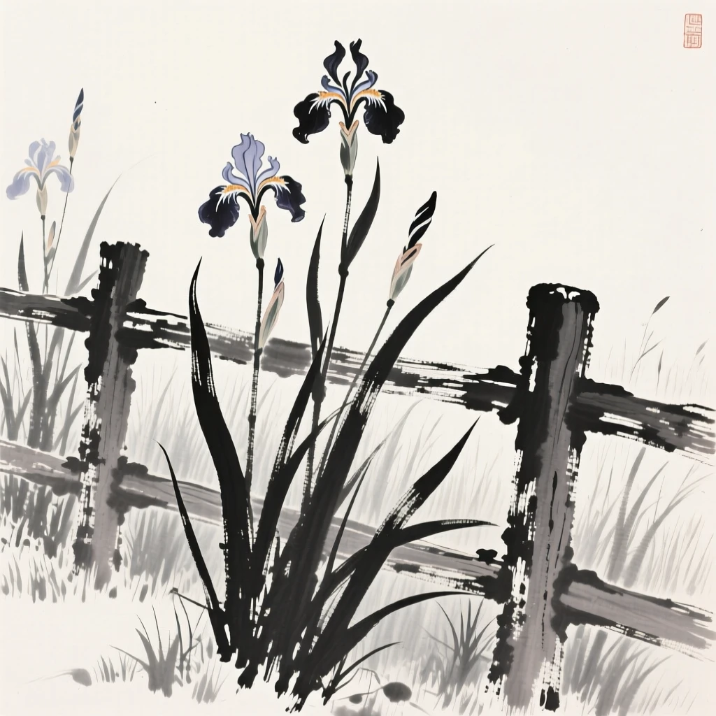 A field of wild irises beside a weathered wooden fence, rendered in close, intimate detail, evoking quiet elegance and simple grace.
