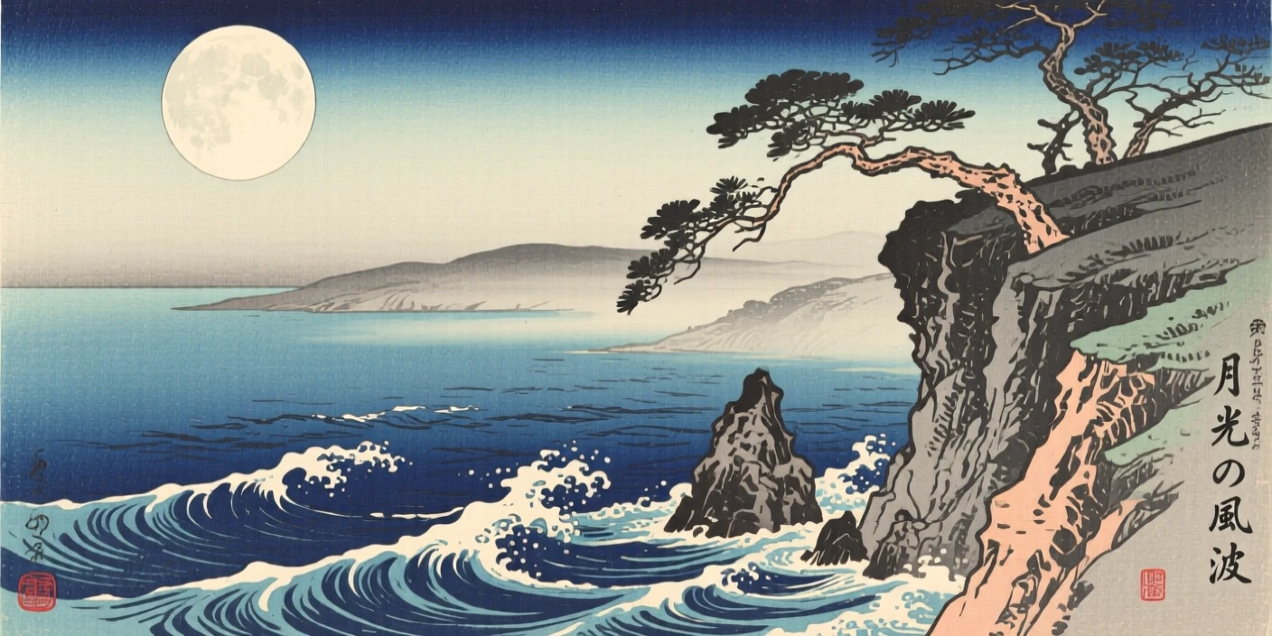 A rugged rocky coastline along a wind-swept cliff edge, under a full moon.
