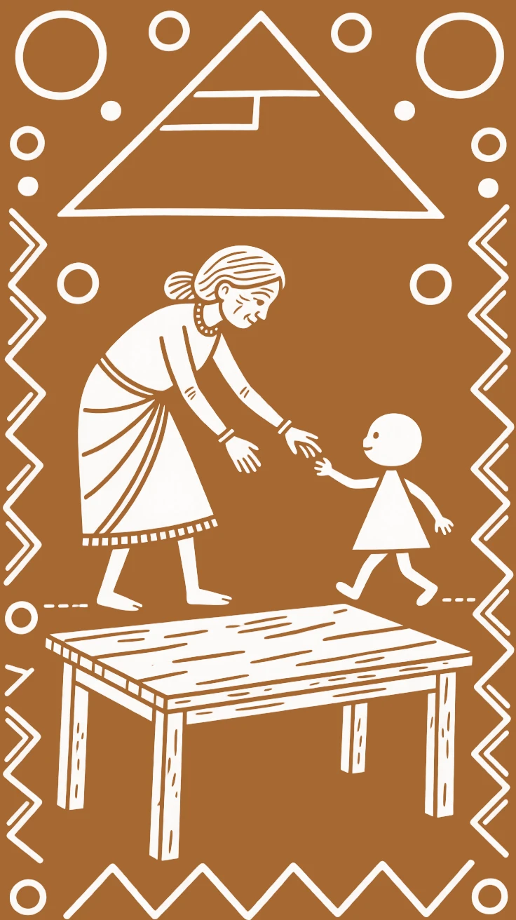 An older sister teaching a child to walk at a simple wooden dining table.