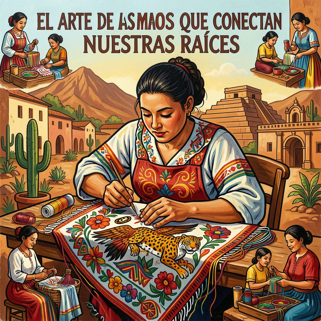 A seamstress embroidering a colorful textile by hand