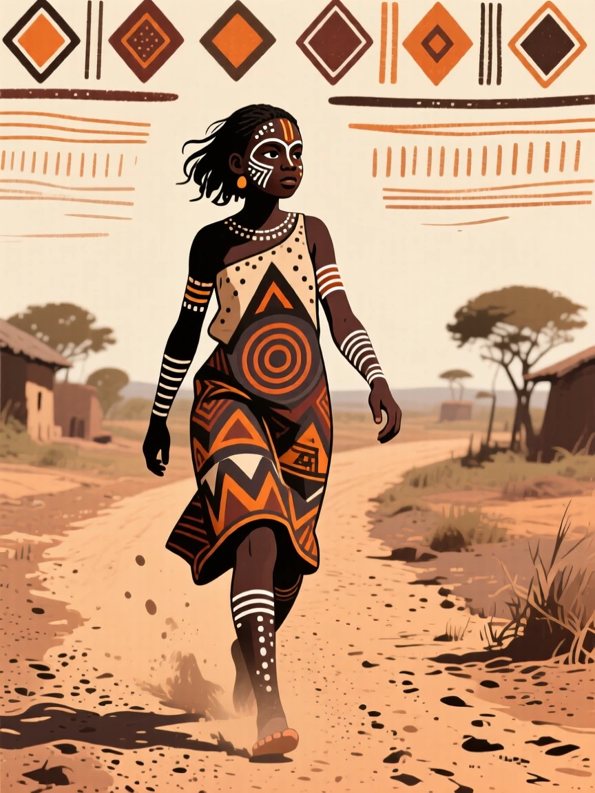 A teenage girl walking along a dusty village path.