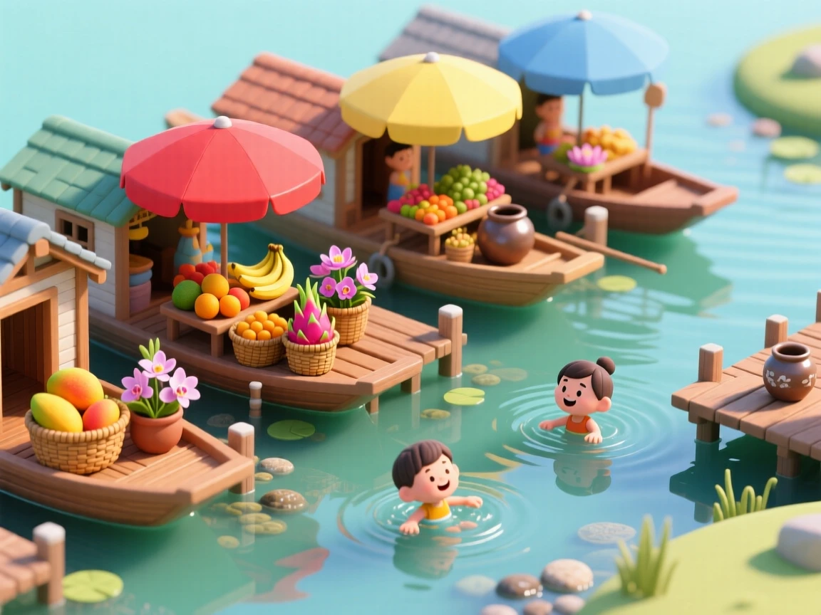 A floating market town on a river delta, with houseboats selling fruit and flowers, colorful umbrellas shading vendors, and children swimming near the docks.