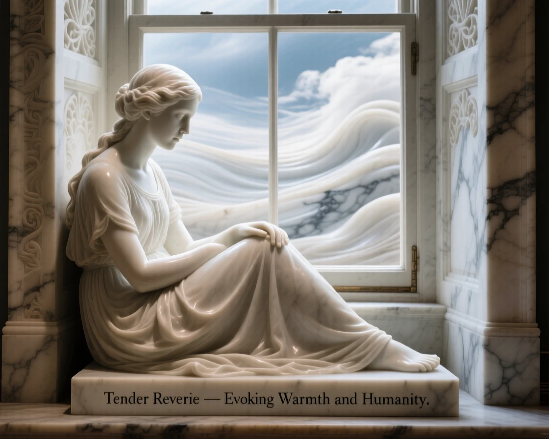 A tender portrait of a young woman, sitting quietly by a window, silhouetted against a dramatic sky, evoking warmth and humanity