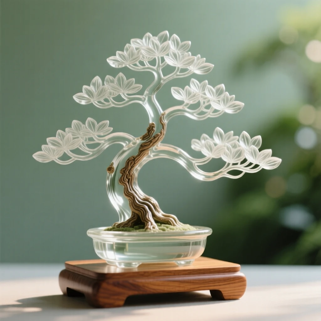 A bonsai tree on a wooden stand in a lush garden setting with soft green foliage behind, gentle afternoon light, feeling romantic and inviting.