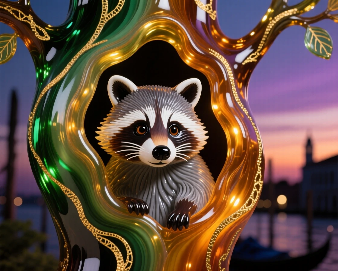 A curious raccoon peering out from a hollow tree at dusk, mischievous and endearing.