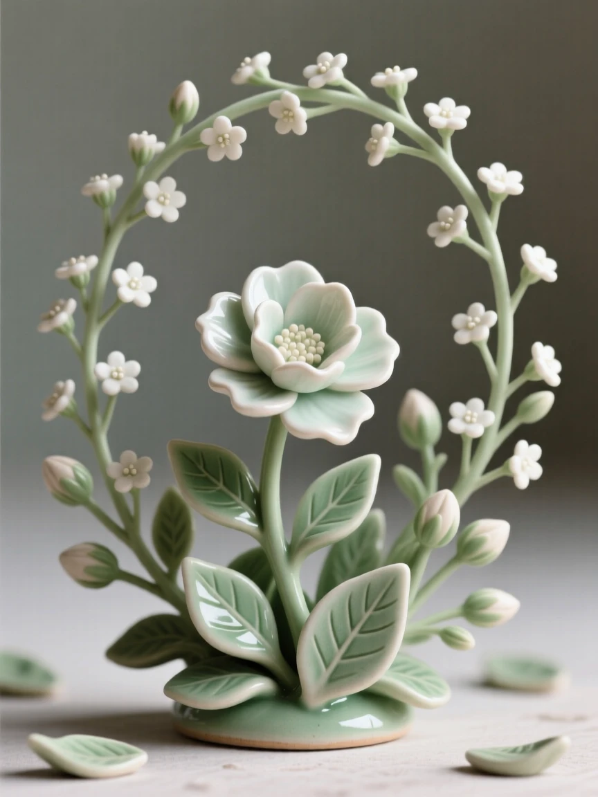 A spray of baby's breath framing a single bloom framed by soft surrounding greenery, framed by a scattering of small leaves, conveying the quiet poetry of the natural world.